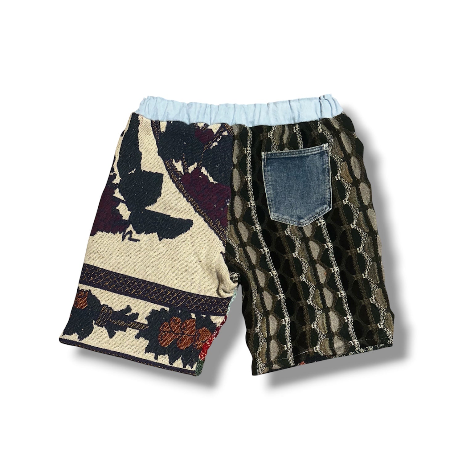 Multicolored patterned shorts with a denim pocket on a white background