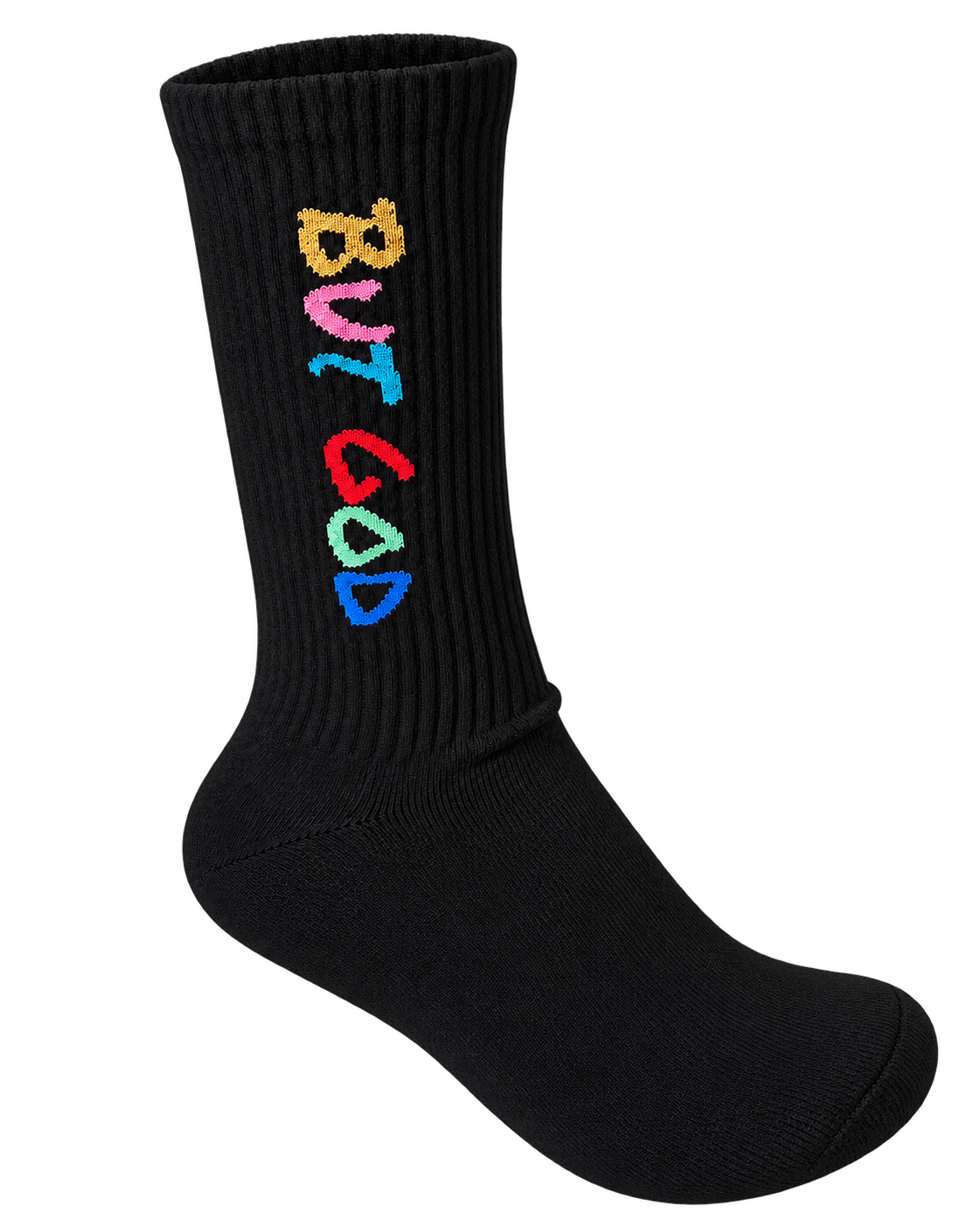 Black But God crew sock with multicolor lettering, sock-only transparent cutout
