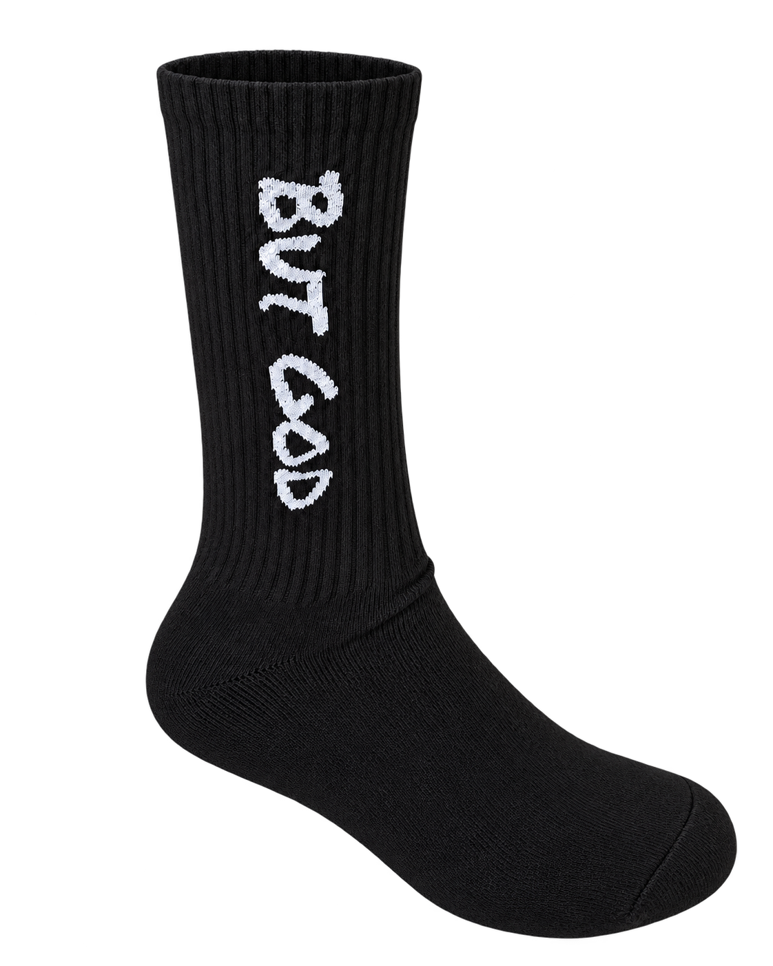 Black But God crew sock with white lettering, sock-only transparent cutout