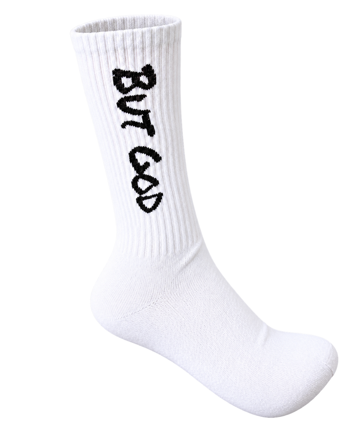 White But God crew sock with black lettering, sock-only transparent cutout