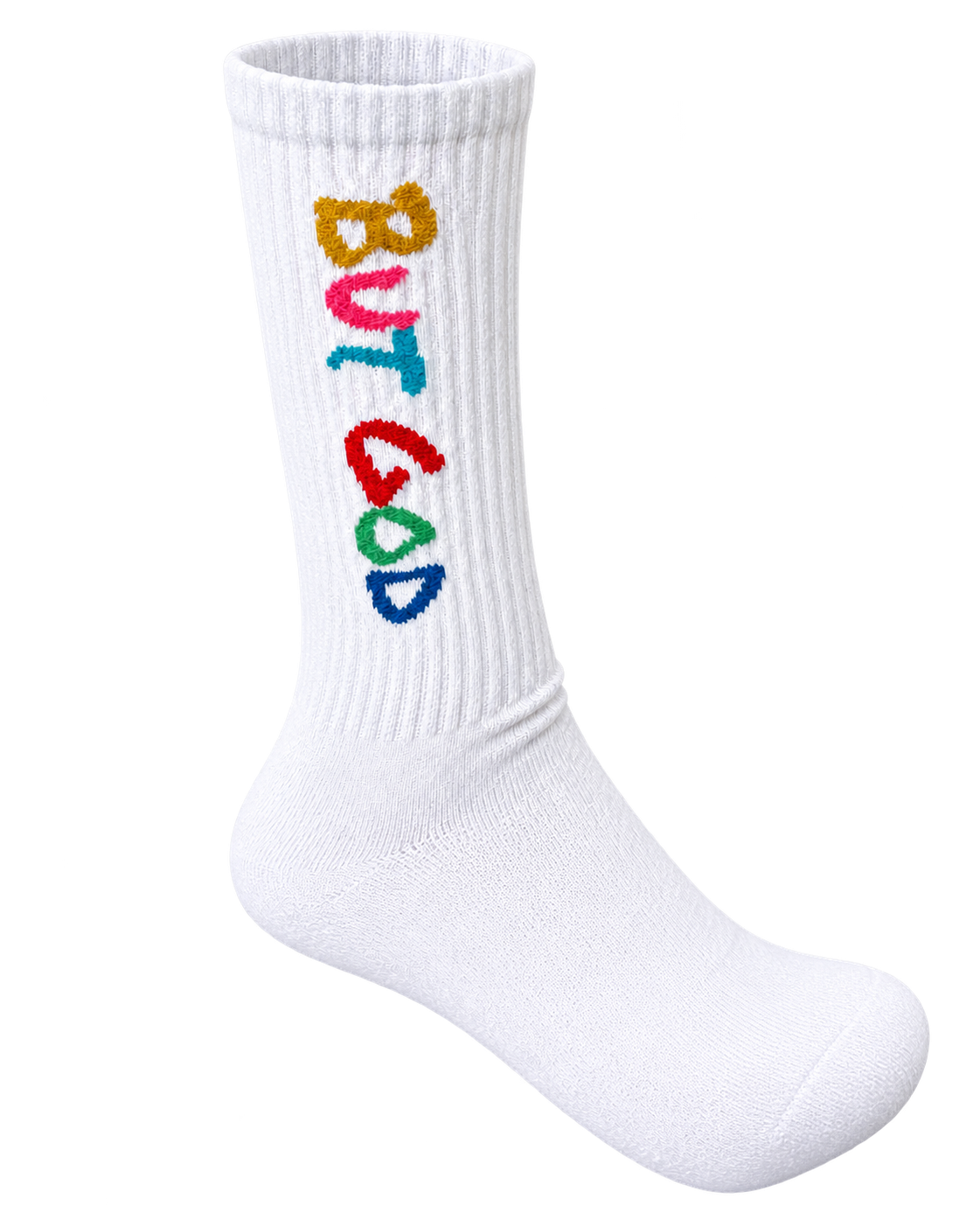 White But God crew sock with multicolor lettering, sock-only transparent cutout