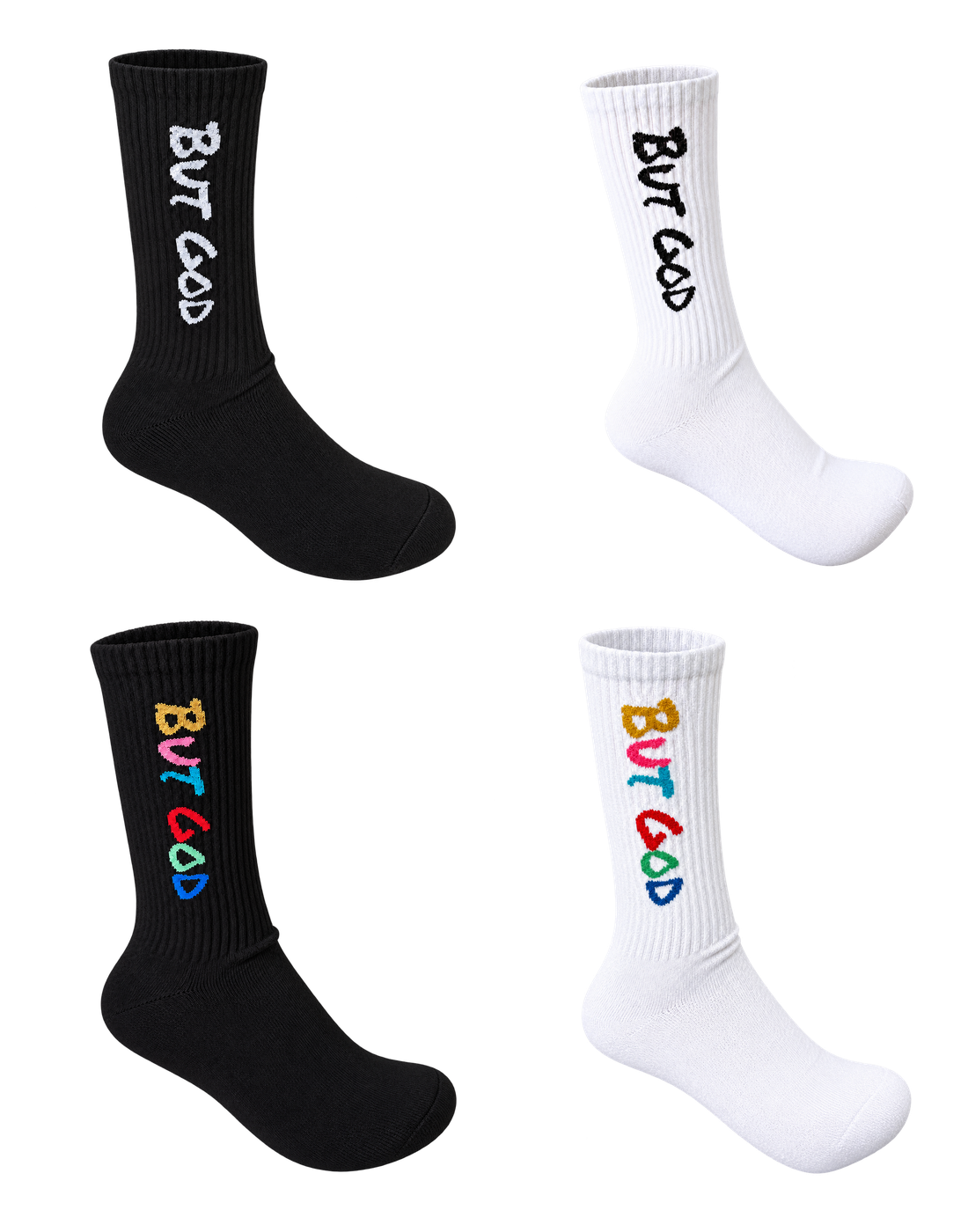 All four But God crew sock colorways, no hand or display foot, transparent background