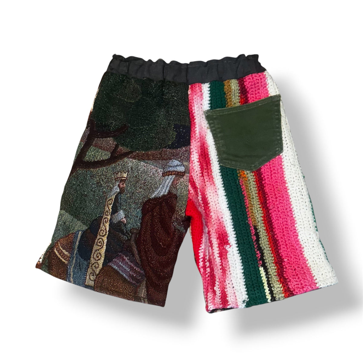 Speak Positive Dream Big Clothing handmade shorts featuring a tapestry panel and multi-colored striped crochet fabric.