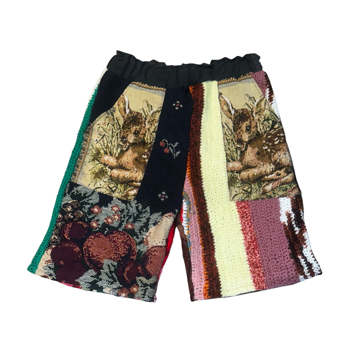 Speak Positive Dream Big Clothing handmade patchwork shorts featuring deer tapestry and multi-colored knit panels.
